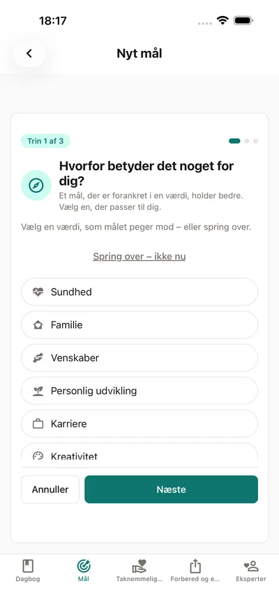 BrightLogs målguide spørger, hvorfor målet betyder noget — vælg en værdi som sundhed, familie eller personlig udvikling, før du giver målet navn