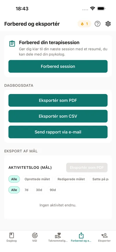 BrightLogs fane Forbered og eksportér — forbered en opsummering af sessionen til at dele med psykologen, plus PDF- og CSV-eksport