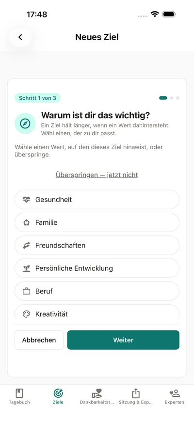 Der Ziel-Assistent von BrightLog fragt, warum das Ziel wichtig ist — wähle einen Wert wie Gesundheit, Familie oder persönliche Entwicklung, bevor du das Ziel benennst