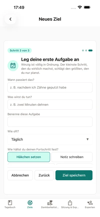 Eine Aufgabe in BrightLog einrichten: ein Wenn-dann-Vorsatz, ein Rhythmus und die Art, wie Fortschritt festgehalten wird — mit dem eingebauten Hinweis, dass winzig völlig in Ordnung ist