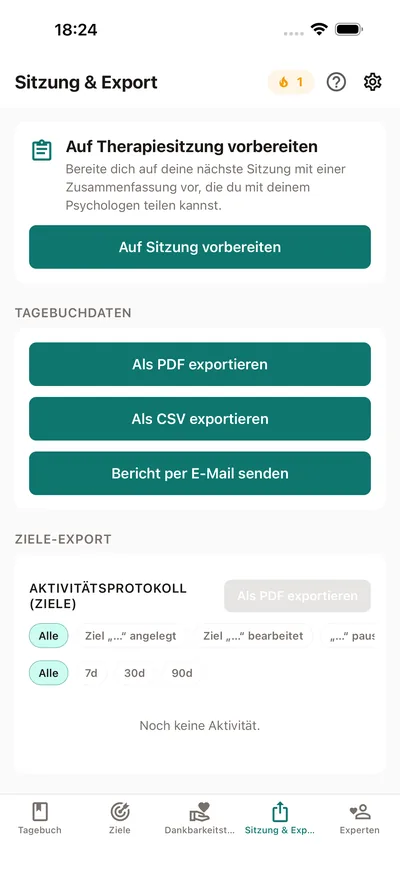 BrightLogs Tab Sitzung & Export — eine Sitzungszusammenfassung zum Teilen mit der Psychologin vorbereiten, plus PDF- und CSV-Export