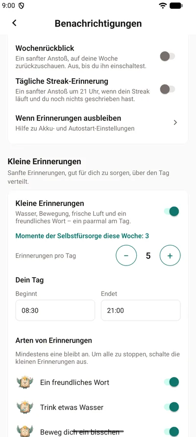Die kleinen Erinnerungen in den Einstellungen von BrightLog: der Schalter, die Momente der Selbstfürsorge dieser Woche, die Zahl der Erinnerungen pro Tag und die Stunden deines Tages