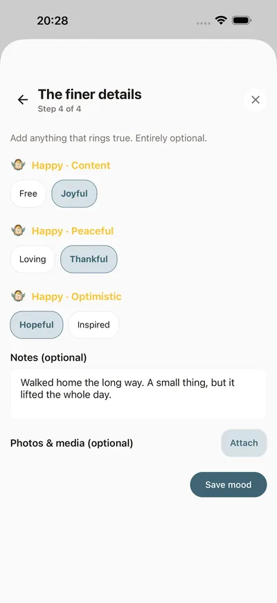 Logging a mood in BrightLog’s check-in — a level, a named feeling, and an optional line of context in a few taps