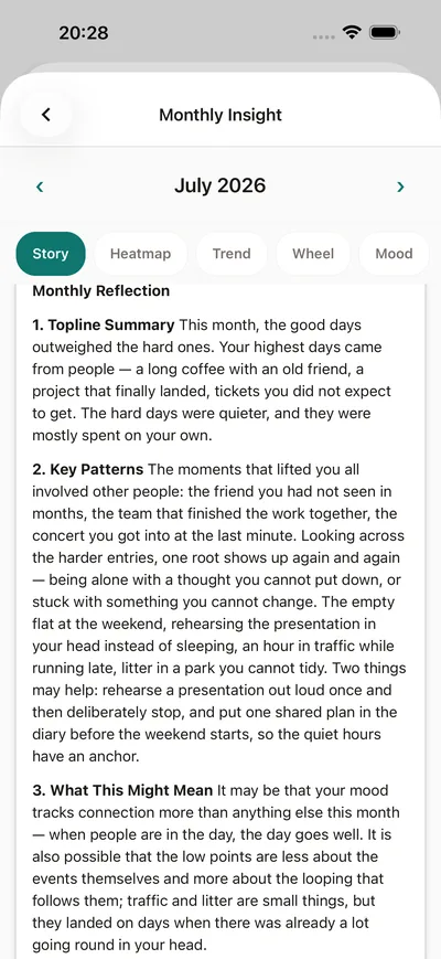 A monthly insight in BrightLog — a plain-language story of the month’s moods, patterns and one suggestion