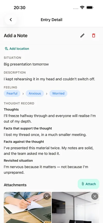 A guided thought record inside the BrightLog journal — situation, thought and a fairer second look