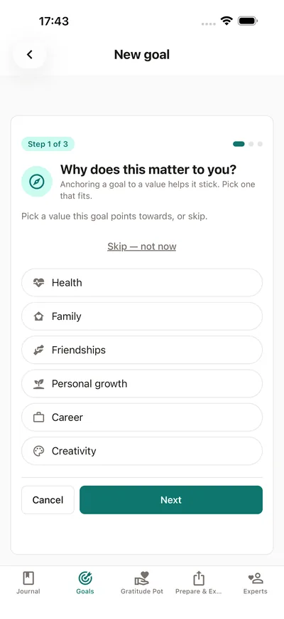 BrightLog’s goal wizard asking why the goal matters — pick a value like health, family or growth before naming the goal