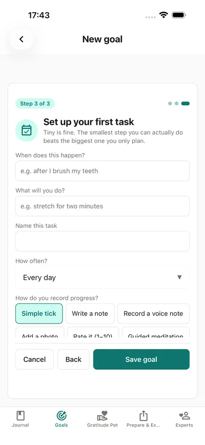 Setting up a task in BrightLog: a when-then plan ('after I brush my teeth'), a rhythm, and how progress is recorded — with 'Tiny is fine' as the built-in advice