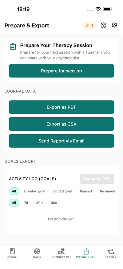 BrightLog’s Prepare & Export tab — prepare a therapy session summary to share with your psychologist, plus PDF and CSV export
