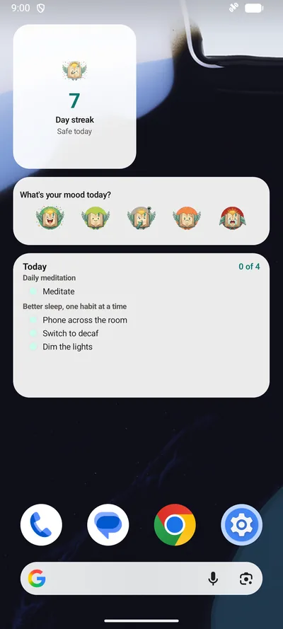 A home screen with BrightLog’s three widgets — a 7-day streak, the five mood faces, and today’s habit tasks grouped by goal