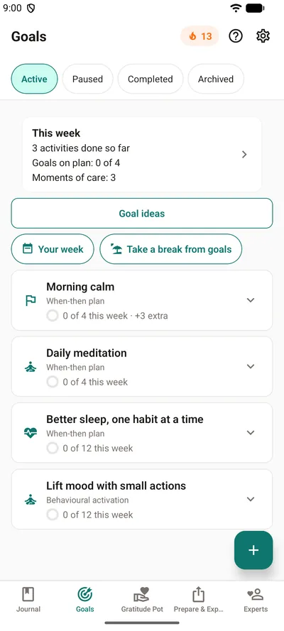 BrightLog’s Goals tab — the This week strip with activities done, goals on plan and moments of care, above four goals with their rings