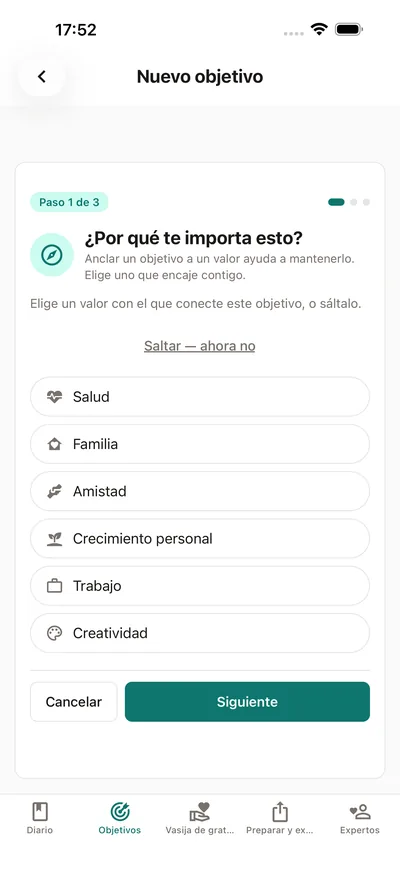 El asistente de objetivos de BrightLog pregunta por qué importa el objetivo — elige un valor como salud, familia o crecimiento personal antes de ponerle nombre