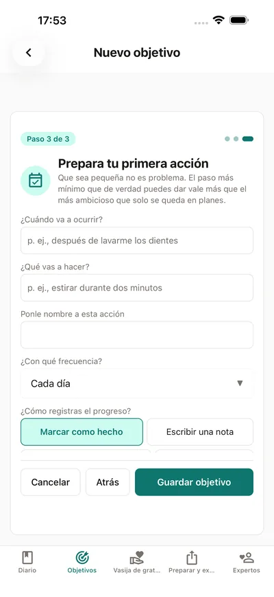 Configurar una tarea en BrightLog: un plan «si… entonces…», una cadencia y cómo se registra el progreso — con el recordatorio integrado de que pequeño no es problema