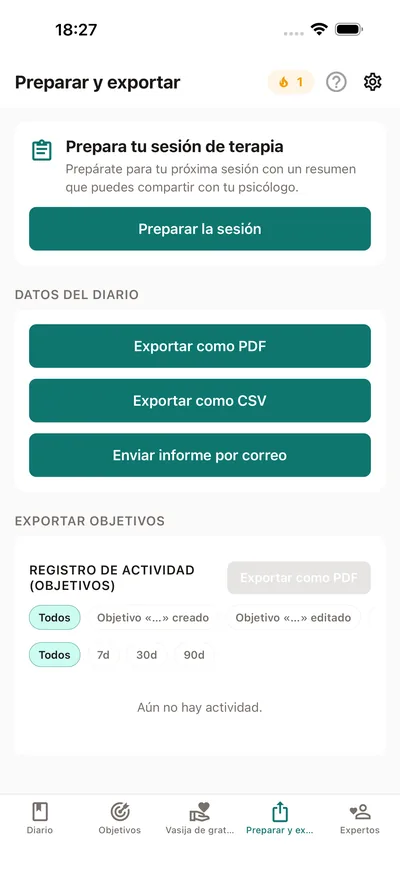La pestaña Preparar y exportar de BrightLog — preparar un resumen de sesión para compartir con el psicólogo, más exportación a PDF y CSV