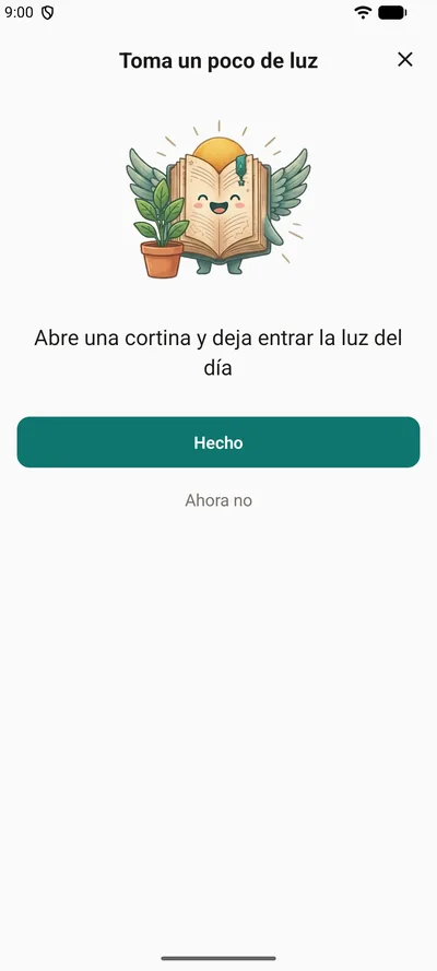 Un pequeño recordatorio en BrightLog: «Toma un poco de luz», con la mascota junto a una planta y una frase amable