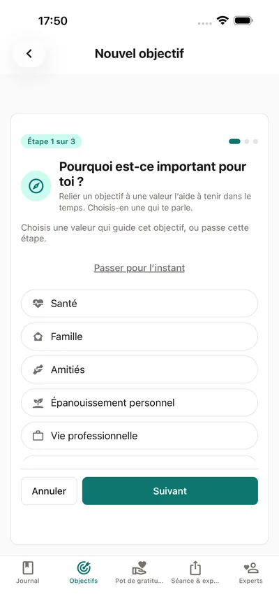 L’assistant d’objectifs de BrightLog demande pourquoi l’objectif compte — choisis une valeur comme la santé, la famille ou l’épanouissement personnel avant de le nommer