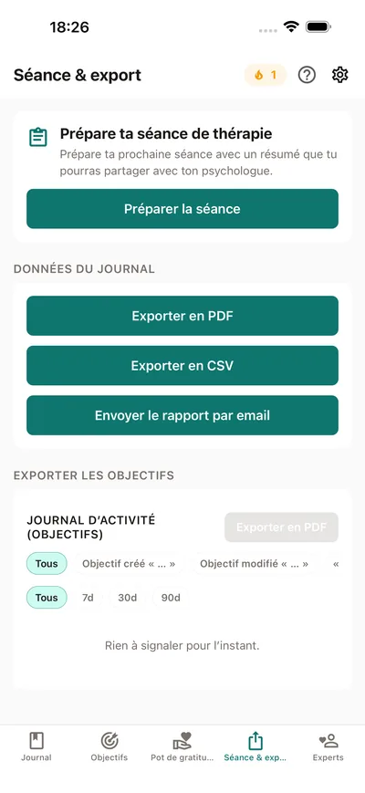 L’onglet Séance & export de BrightLog — préparer un résumé de séance à partager avec son psychologue, plus export PDF et CSV