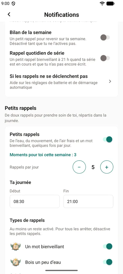 Les Petits rappels dans les Paramètres de BrightLog — l’interrupteur, les moments pour toi de la semaine, le nombre de rappels par jour et les heures de ta journée