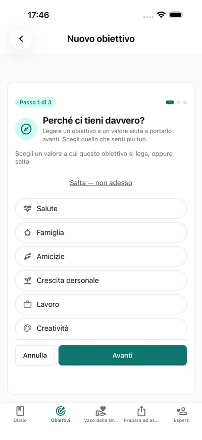 La procedura guidata di BrightLog chiede perché l’obiettivo conta — scegli un valore come salute, famiglia o crescita personale prima di dargli un nome