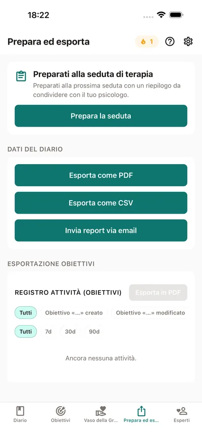 La scheda Prepara ed esporta di BrightLog — prepara un riepilogo della seduta da condividere con lo psicologo, più export PDF e CSV