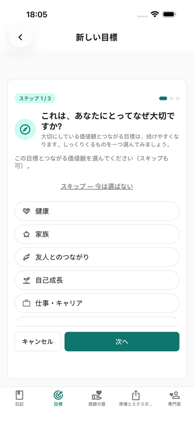 BrightLogの目標ウィザードが「なぜ大切か」を尋ねる画面——名前を付ける前に、健康・家族・自己成長などの価値観を選ぶ