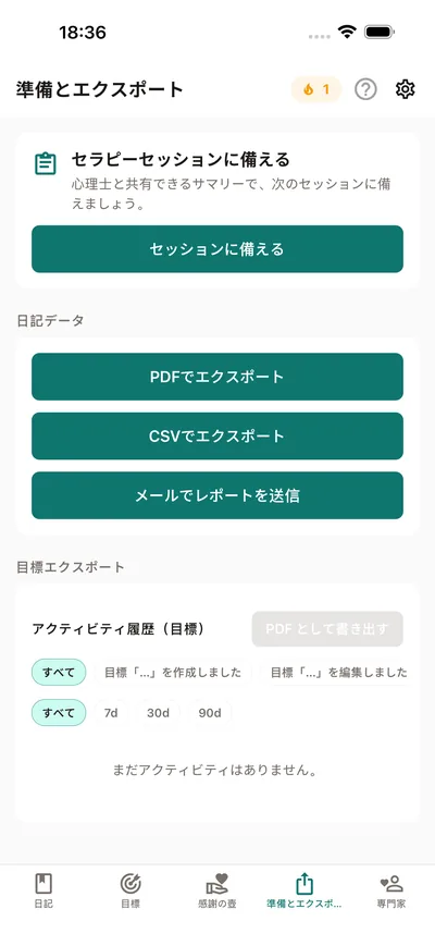 BrightLogの「準備とエクスポート」タブ — 心理士と共有できるセッションのまとめの準備、PDFとCSVのエクスポート付き