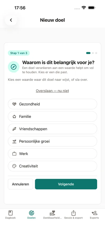 De doelenwizard van BrightLog vraagt waarom het doel ertoe doet — kies een waarde als gezondheid, familie of persoonlijke groei voordat je het doel een naam geeft