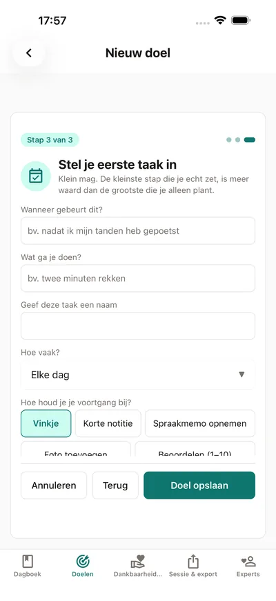 Een taak instellen in BrightLog: een als-dan-plan, een ritme en hoe je voortgang vastlegt — met de ingebouwde herinnering dat klein mag