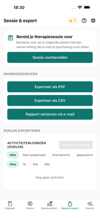Het tabblad Sessie & export van BrightLog — een sessiesamenvatting voorbereiden om te delen met je psycholoog, plus pdf- en csv-export