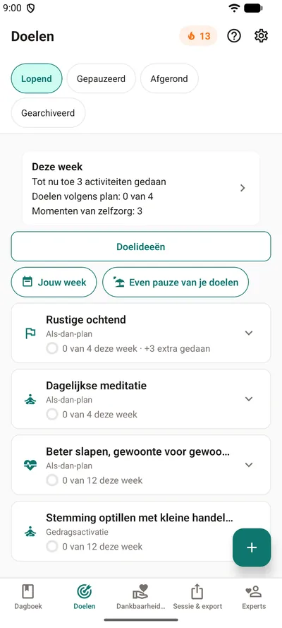Het tabblad Doelen in BrightLog: de balk Deze week met gedane activiteiten, doelen volgens plan en momenten van zelfzorg, boven vier doelen met hun ringen