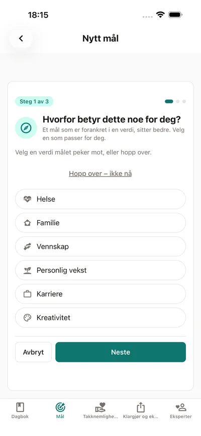 Målveiviseren i BrightLog spør hvorfor målet betyr noe — velg en verdi som helse, familie eller personlig vekst før du gir målet navn