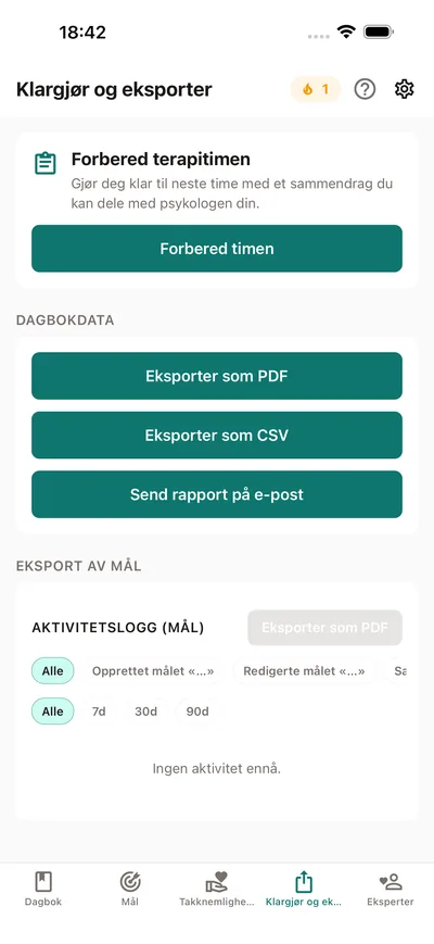 BrightLogs fane Klargjør og eksporter — forbered en oppsummering av timen som kan deles med psykologen, pluss PDF- og CSV-eksport