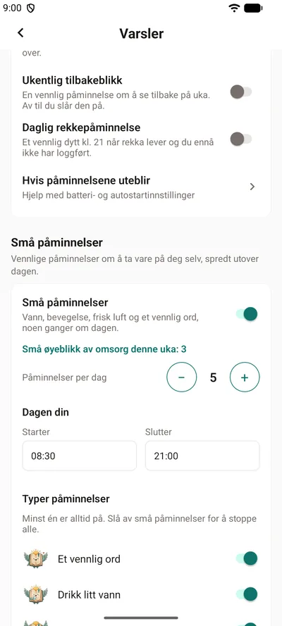 Innstillingene for små påminnelser i BrightLog – bryteren, ukas små øyeblikk av omsorg, antall påminnelser per dag og tidsrommet for dagen din