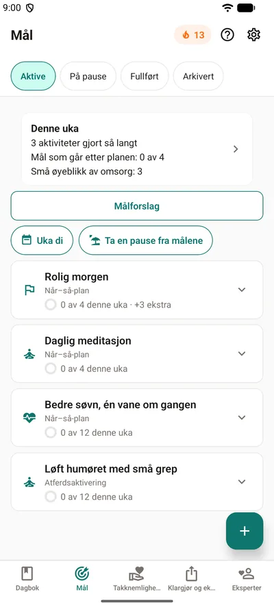 Mål-fanen i BrightLog – stripen «Denne uka» med aktiviteter du har gjort, mål som følger planen og små øyeblikk av omsorg, over fire mål med hver sin ring