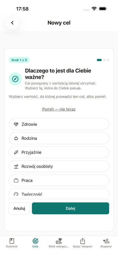 Kreator celów w BrightLogu pyta, dlaczego cel jest ważny — wybierz wartość, np. zdrowie, rodzinę albo rozwój osobisty, zanim nadasz celowi nazwę