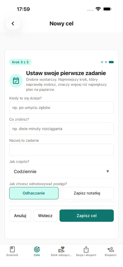 Ustawianie zadania w BrightLogu: plan „jeśli–to”, rytm i sposób zapisywania postępów — z wbudowaną podpowiedzią, że drobne wystarczy