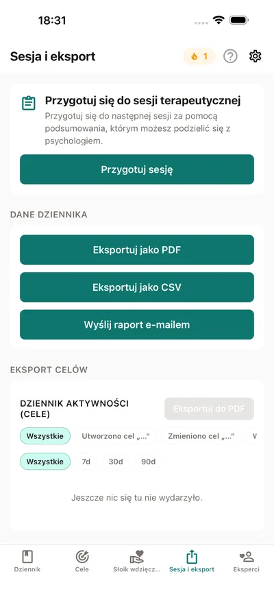 Zakładka Sesja i eksport w BrightLog — przygotowanie podsumowania sesji do udostępnienia psychologowi, plus eksport PDF i CSV
