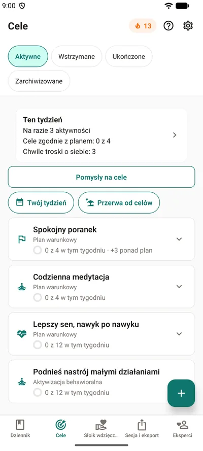 Zakładka Cele w BrightLogu — pasek „Ten tydzień” z wykonanymi aktywnościami, celami zgodnie z planem i chwilami troski o siebie, nad czterema celami z pierścieniami postępu