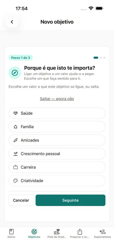 O assistente de objetivos do BrightLog pergunta porque é que o objetivo importa — escolhe um valor como saúde, família ou crescimento pessoal antes de lhe dares nome