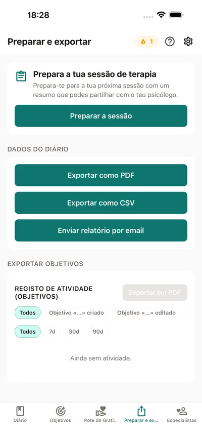 O separador Preparar e exportar do BrightLog — preparar um resumo da sessão para partilhar com o psicólogo, mais exportação PDF e CSV