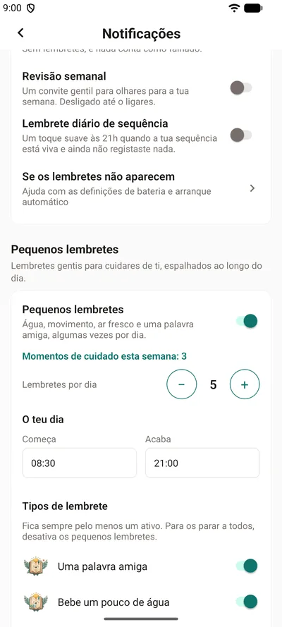 Os Pequenos lembretes nas definições do BrightLog — o interruptor, os momentos de cuidado desta semana, quantos lembretes por dia e as horas do teu dia