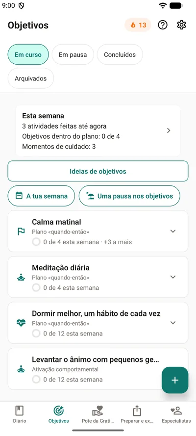 O separador Objetivos do BrightLog — a faixa «Esta semana» com as atividades feitas, os objetivos dentro do plano e os momentos de cuidado, acima de quatro objetivos com os seus anéis