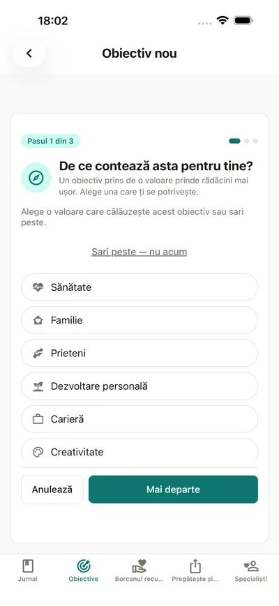 Asistentul de obiective din BrightLog întreabă de ce contează obiectivul — alege o valoare precum sănătatea, familia sau dezvoltarea personală înainte să-i dai un nume