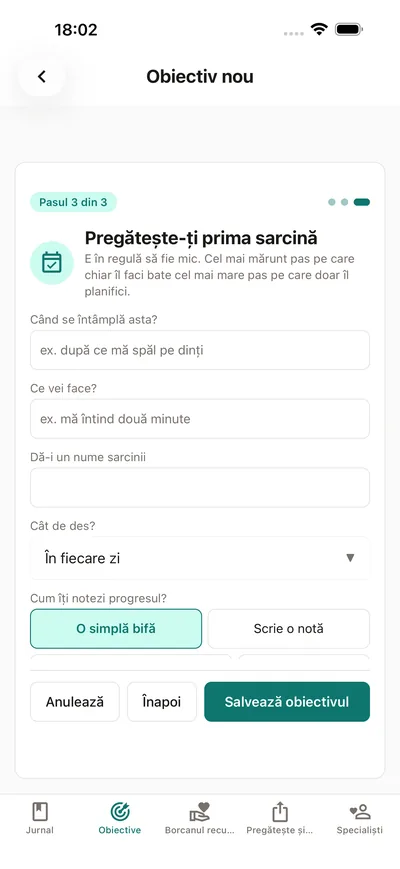 Configurarea unei sarcini în BrightLog: un plan „dacă… atunci…”, o cadență și felul în care se înregistrează progresul — cu memento-ul integrat că e în regulă să fie mic