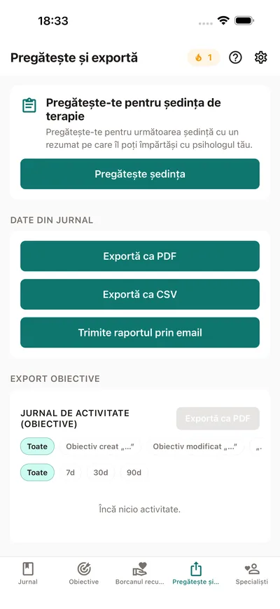 Fila Pregătește și exportă din BrightLog — pregătirea unui rezumat al ședinței de împărtășit cu psihologul, plus export PDF și CSV