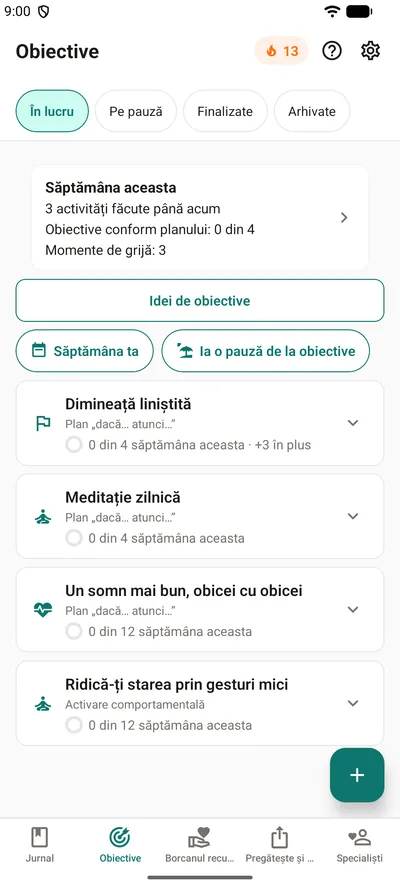 Fila Obiective din BrightLog — banda „Săptămâna aceasta” cu activități făcute, obiective conform planului și momente de grijă, deasupra a patru obiective cu inelele lor