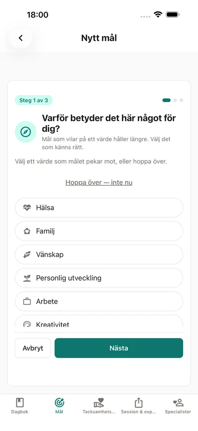 BrightLogs målguide frågar varför målet spelar roll — välj ett värde som hälsa, familj eller personlig utveckling innan du namnger målet