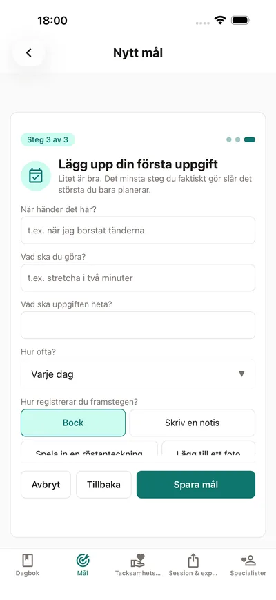 Så sätter du upp en uppgift i BrightLog: en om-så-plan, en rytm och hur framstegen bokförs — med den inbyggda påminnelsen att litet är bra