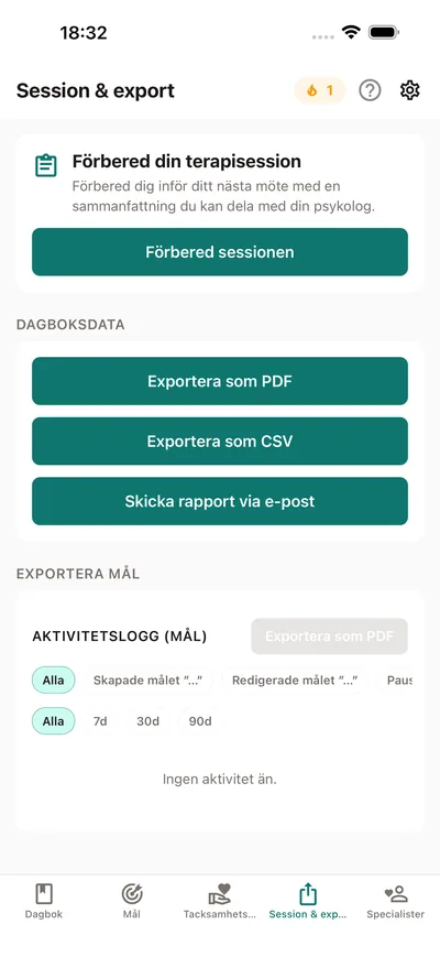 BrightLogs flik Session & export — förbered en sessionssammanfattning att dela med din psykolog, plus PDF- och CSV-export