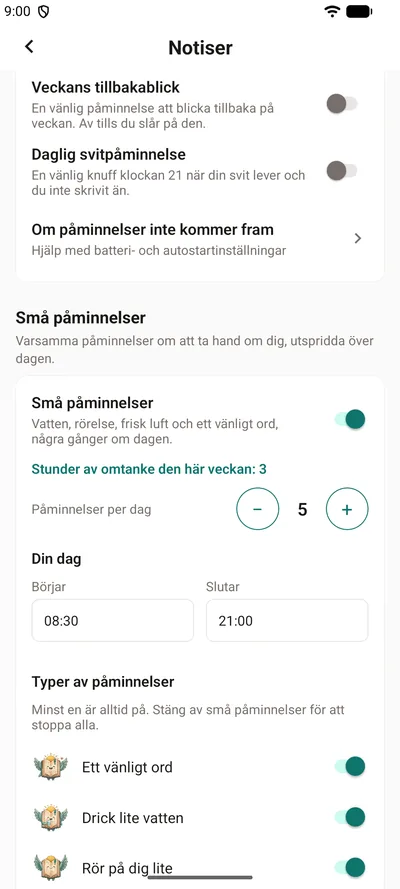 Inställningarna för Små påminnelser i BrightLog – reglaget, veckans stunder av omtanke, antal påminnelser per dag och timmarna i din dag