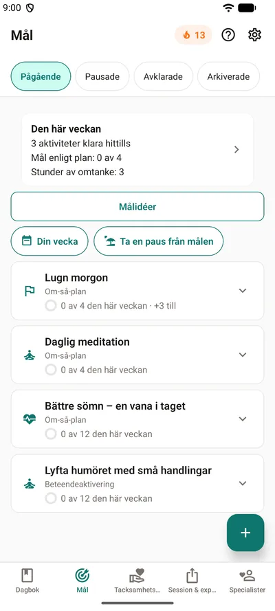 Fliken Mål i BrightLog – raden ”Den här veckan” med gjorda aktiviteter, mål enligt plan och stunder av omtanke, ovanför fyra mål med sina ringar